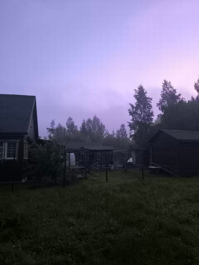 The image depicts an outdoor scene at what appears to be dusk or dawn, characterized by a pale purple sky with soft, diffused light, possibly indicating foggy or overcast conditions. In the foreground, a lush, dark green grassy field stretches across the lower portion of the frame.

To the left, a dark-colored wooden house with a corrugated metal roof is visible. It has windows with white frames. Adjacent to the house, a small tree with dark green foliage grows.

In the middle ground, several outbuildings and structures are present, some appearing to be sheds or animal enclosures with open sides and covered roofs. A wire fence separates parts of the yard. Trees, silhouetted against the hazy sky, form a dense line in the background, contributing to a slightly mysterious or secluded atmosphere. The overall mood is tranquil and somewhat somber, amplified by the muted colors and subdued lighting. No people are visible, and no text is present in the image. The setting suggests a rural or semi-rural environment, potentially a dacha or homestead, given the presence of the house and outbuildings. The location context provided, Posadnikov Ostrov, Russia, further supports this interpretation of a rural Russian landscape.