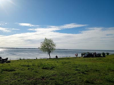 The image depicts a lakeside scene in Corrientes, Argentina. The foreground consists of a grassy field. A lone tree stands near the water's edge, and a person sits in a chair beneath it. Further to the right, a group of people are gathered around two cars and a green tent, indicating a camping or picnic setup. Fishing rods are visible near the water. The lake stretches out with sunlight reflecting off its surface, and a thin strip of land is visible on the opposite shore. The sky is blue with streaks of white clouds.