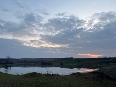 The image displays an expansive rural landscape near Sini Vir, Bulgaria, under a heavily clouded sky during either sunrise or sunset. A substantial body of water, likely a pond or small lake, occupies the mid-ground, reflecting the overcast sky and its underlying band of orange, pink, and pale yellow light. The foreground consists of a gently sloping bank covered in sparse green grass and patches of dark, exposed earth, with several fallen tree branches present near the water's edge. Beyond the water, the terrain includes rolling hills with cultivated fields displaying varying shades of green vegetation and reddish-brown tilled soil, interspersed with bare deciduous trees. A distinct tree line forms the distant horizon. No individuals, animals, or man-made structures are visible within the frame.