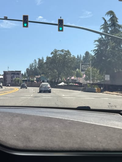 The image shows a view from inside a vehicle driving on a sunny day in Placerville, United States of America. Two sets of traffic lights with green lights illuminated are visible overhead. The road ahead shows several cars, including a white SUV and a dark sedan. On the right side of the road, there is a building with American flags displayed and a sign that is partially obscured. Trees line the background. The foreground of the image is dominated by the interior of the vehicle, including the dashboard and windshield.