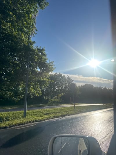 This is a photograph taken from a vehicle, looking out towards a roadside scene. The sun is bright and high in a clear blue sky, with some scattered clouds low on the horizon. The sun's rays are strong, creating a lens flare effect in the image. To the left, a large, leafy green tree is prominent, its branches reaching towards the sky. A grey pole stands in front of the tree, likely a lamppost or utility pole.

Beyond the tree and pole, a treeline of deciduous trees forms a dense backdrop. A paved road, appearing wet and reflective, stretches into the distance, bordered by a grassy verge. There are white road markings visible on the asphalt. The photograph is framed by the interior of the vehicle, with a side mirror visible in the lower right corner, showing a distorted reflection.

The overall impression is that of a sunny day, possibly after rain, captured while traveling along a road in a green, possibly suburban or rural area. The specific location is Harkujärve, Estonia. No people are visible in the frame, and the focus is on the natural and man-made elements of the roadside environment.