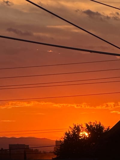 The image depicts a sunset over the city of Miriantsi, Bulgaria. The sky is ablaze with vibrant orange and red hues, with scattered clouds tinged with the same colors. Several power lines crisscross the frame, obscuring parts of the sky. In the foreground, silhouetted trees and buildings create a dark contrast against the fiery backdrop. The silhouette of mountains can be seen in the distance. The sun is partially visible, peeking through the dense foliage of a tree, casting a warm glow. The overall scene is one of a dramatic and colorful sunset in an urban setting.