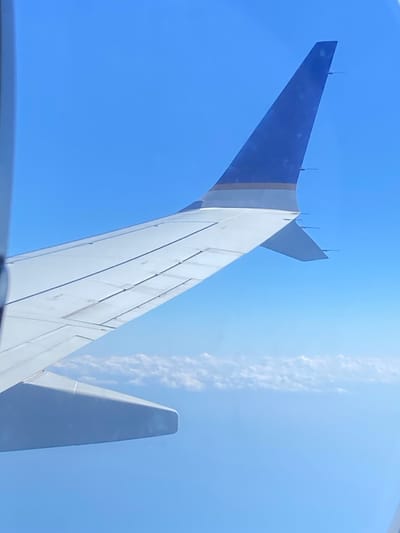 A view from an aircraft window captures the right-hand wing of a commercial airliner in flight, observed over Santa Cruz de Chinina, Panama. The wing, predominantly white, features visible flaps and control surfaces along its upper side. The vertical winglet at the wing's tip is dark blue on its upper portion, transitioning to a lighter band before its white base. The environment consists of a clear, bright blue sky above the wing. Below, a horizontal layer of scattered white cumulus clouds is present against a lighter blue background, indicating high-altitude flight above cloud cover. No individuals or terrestrial landmarks are discernible.