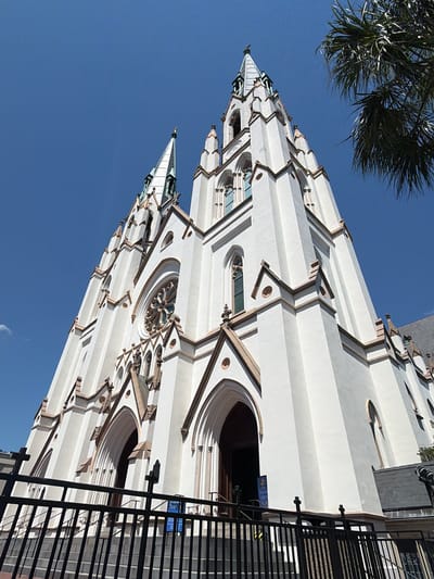 This media file shows a low-angle, upward view of the exterior of a large, white Gothic-style church, possibly a cathedral, against a clear blue sky. A portion of a palm tree with dark green fronds is visible in the upper left corner, suggesting a warm climate. The architecture is highly detailed, with sharp, pointed spires, ornate window tracery, and decorative moldings. The sunlight casts strong shadows, indicating it is likely daytime, with the sun positioned high. A black metal fence runs along the right side of the frame, obscuring part of the building's lower section and a sidewalk or street area. Several blue signs are attached to the fence, one of which appears to have white text, possibly indicating business hours or information. The overall impression is one of grandeur and architectural significance, set against a bright and clear sky. The orientation of the photo is rotated, with the top of the church appearing to be on the left side of the frame. There is no visible activity or people in the frame.