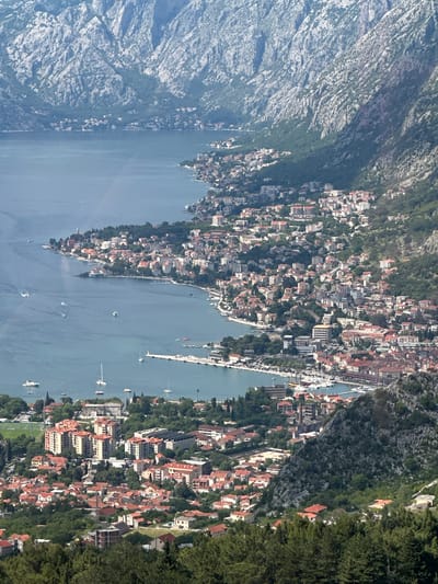 The image shows an aerial view of the town of Kotor, Montenegro, situated along the Bay of Kotor. The landscape features steep, rocky mountains on either side of a narrow body of water, partially occupying the left, top left, and lower left areas. The town consists of buildings with red-tiled roofs and other structures clustered along the waterfront. Small boats are visible in the water. The right side of the image is dominated by green vegetation and trees. The sky is not visible in the image.