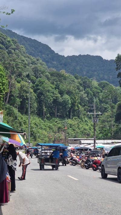 The image shows a street scene in Wang Kelian, Malaysia, with a view of a lush, green mountain range under a cloudy sky. The foreground depicts a paved road lined with parked cars and motorcycles on one side. Some local transport vehicles are also present. On the other side of the road, there are vendor stalls with colorful umbrellas. People are present near the stalls, some appearing to be shopping. A utility pole with electrical equipment is also visible amidst the trees.