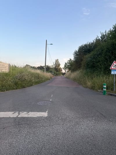 The image depicts a road in Longpont-sur-Orge, France, likely a rural or semi-rural area. The road is asphalt and appears to be a two-lane road with a painted white line marking the center for a portion of its visible length. There is a pedestrian crossing marked with white paint in the foreground, which shows signs of wear. A circular manhole cover is visible on the road to the right of the pedestrian crossing.

To the left of the road, there is a tall grassy embankment with wildflowers, and beyond that, a signpost with multiple directional signs in French. The signs appear to indicate directions to "Centre Bourg," "Commerces," and "Rue Parentale." Further back, there are trees and vegetation. A utility pole with a street lamp is situated on the left side of the road.

To the right of the road, there is a similar grassy embankment with tall grass and some flowering weeds. A green and white striped bollard is positioned on the edge of the road. Adjacent to the bollard is a blue and white road sign displaying a red triangle with two black arrows pointing in opposite directions, indicating a two-way traffic zone. Below this symbol is text which reads "SPOLINGSPORT CRANIOTOMIE," and beneath that, "Rue de Villiers." In the background on the right, there is a dense line of trees and foliage.

The sky above is a clear, light blue, indicating fair weather, possibly late afternoon or early evening due to the soft lighting. There are no people or vehicles visible in the image. The overall scene conveys a sense of a quiet, possibly tranquil, setting in the French countryside.