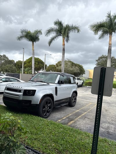 A silver Land Rover Defender parks in a marked parking space beside a curb with green foliage. Yellow parking lines mark the asphalt. The sky is overcast. Palm trees tower in the background. A dark green signpost stands next to the car and white vehicles are visible in the background.