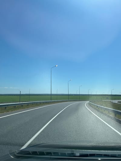 The image depicts a highway stretching into the distance under a clear blue sky, suggesting a bright and sunny day. The perspective is from a vehicle, with the right side of the image showing the car's bodywork, possibly a window frame and part of the car's interior. The highway is paved with asphalt and has distinct white lane markings. Along the left side of the highway, a series of tall lampposts are visible, spaced evenly along the road. Beyond the lampposts, a wide expanse of green fields can be seen, hinting at a rural or semi-rural location. The fields appear flat and stretch towards the horizon, where they meet the sky. The lighting suggests it is daytime, likely late morning or early afternoon, given the clear sky and the intensity of the sunlight. There are no people visible in the image. The overall scene conveys a sense of travel and open road, with the ordered lampposts and clear sky contributing to a feeling of calm and progression. The location context suggests this is a road in Nikol'skoe, Russia.