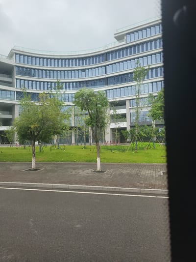 The image shows a modern office building with a curved facade of blue glass windows and white framing. In front of the building is a manicured lawn with several young trees. A paved walkway made of brick runs alongside the lawn, bordering a dark asphalt road. The scene appears to be a corporate campus or business park, with the building suggesting a professional environment. The weather appears overcast, casting a soft light over the scene. The trees are in various stages of growth, some supported by stakes, indicating recent planting or landscaping. The overall impression is one of order and contemporary design. There is no visible text in the image. The location is identified as Yufengshan, China.