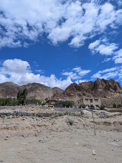 The image depicts a rural, mountainous landscape in Phyang, India, under a vibrant blue sky dotted with white clouds. In the foreground, dry, sandy ground is covered with scattered rocks and a single wooden pole. A low stone wall separates the foreground from a slightly elevated area where two houses are situated. The houses are modern in design, with flat roofs and large windows. One house is painted a light beige, while the other features a darker, reddish-brown roof with white trim. Behind the houses, a dense collection of green trees and shrubs creates a stark contrast against the arid, rocky mountains that dominate the background. The mountains are rugged and brown, showing signs of erosion. A yellow truck and a silver van are parked in front of the houses, indicating the presence of vehicles. The overall scene is one of a remote, scenic dwelling in a mountainous region.