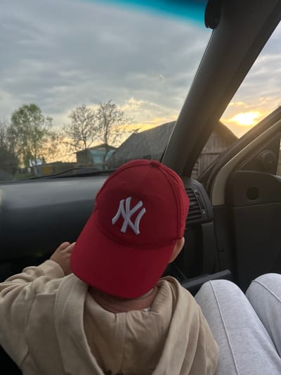 A view from inside a car in Малая Борщевка, Russia, at dusk. A child wearing a red New York Yankees baseball cap and a beige hoodie is seated. Another person is seated, wearing grey sweatpants. Through the windshield and the open car door, there is a view of rural scenery, including trees, a house, and an overcast sky with a hint of sunset.