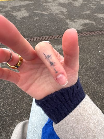 A close-up of a person's hand is presented, displaying two rings, one silver and one gold, on the ring finger. A small black tattoo is visible on the side of the index finger. The person wears a blue sweater with a beige coat. The background shows a section of pavement with a drainage grate.