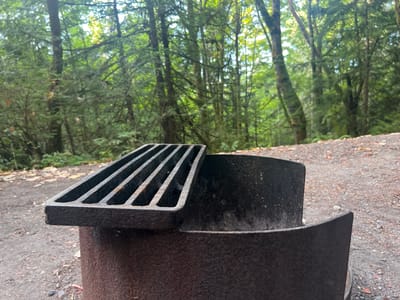 A close-up, eye-level, medium shot shows a rusty, weathered metal fire pit in a forested area. The fire pit's cylindrical base is partially visible, supporting a heavy, slatted metal grill. The grill is tilted, with its right side resting on the rim of the pit and its left side angled upwards. The background is a dense forest with tall trees, their trunks dark and textured, and the canopy a vibrant green, dappled with sunlight. The ground in the foreground is a mixture of gravel and dirt, with fallen leaves and small stones scattered around. The scene appears to be located in a park or campground within Area A (Mill Bay / Malahat), Canada. There are no people or animals visible in the image.