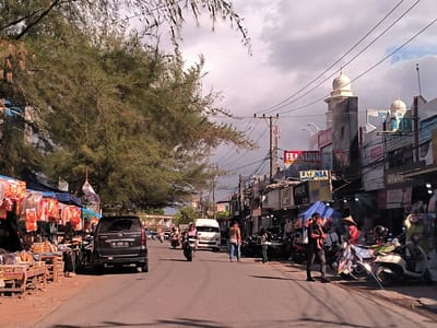 The image depicts a street scene in Lambaro, Indonesia. The road is lined with shops and stalls on the right side, and a row of trees on the left. Several people are visible, including pedestrians and people on motorcycles. There are vehicles on the road, including a dark-colored minivan. The sky is overcast, and power lines are visible above the street. Prominent signs for businesses like "EKA NADIA" and "LATANSA" are visible. A mosque's domes are visible on the right side of the image.