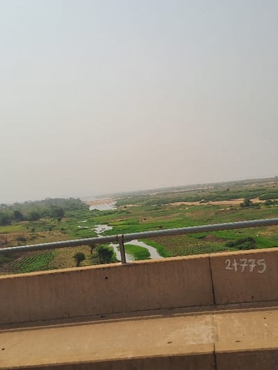The image depicts an expansive view of a river valley from a concrete bridge in Itobe, Nigeria. In the immediate foreground, a light-brown concrete bridge barrier occupies the lower third of the frame, topped by a grey metal handrail. The numerical sequence "21775" is painted in white on the right side of the barrier. Below the handrail, a wide river meanders through a valley, characterized by varying shades of green vegetation, including cultivated fields arranged in rows, and lighter brown, sandy patches indicative of exposed riverbanks or dry ground. The river itself appears as narrow, winding channels of water within the broader valley. Sparse trees are visible on the banks and within the cultivated areas. The background shows the river extending into the distance, with more sandy banks and less distinct vegetation, eventually blending into a hazy, light grey sky that dominates the upper half of the image. No individuals or vehicles are visible in the scene. The overall atmospheric condition is hazy.
