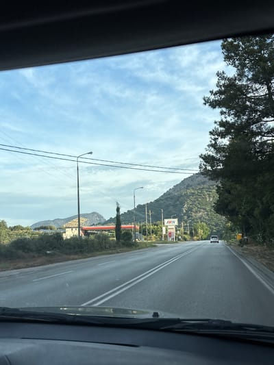 The image shows a view from inside a vehicle looking out at a road in Νέα Κερασούντα, Greece. A paved road with white lane markings stretches forward into the distance, curving slightly to the right. On the left side of the road, there is a gas station with an AVIN sign, a canopy, and fuel pumps. Beyond the gas station, there are buildings and trees. The road is flanked by vegetation and rolling hills covered in greenery. A few cars are visible on the road, including one in the distance ahead. The sky is partly cloudy with a pale blue hue, and the overall lighting suggests it is either early morning or late afternoon. A large evergreen tree is prominent on the right side of the image. The foreground shows the dashboard and windshield of the vehicle from which the photo was taken.