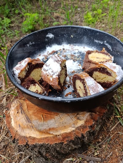 A black, circular cooking pan is positioned centrally, resting on a weathered tree stump outdoors in Nikolichevtsi, Bulgaria. The pan contains multiple irregular slices of a baked good, likely a marble cake, characterized by interwoven light (vanilla) and dark (chocolate) dough. These cake slices are visibly dusted with white powdered sugar, which is also scattered across the pan's interior surface. The tree stump, which supports the pan, displays distinct concentric growth rings, varying shades of brown and tan wood, and surface cracks. The immediate ground around the stump consists of dry soil, sparse green grass, and scattered organic debris, including small twigs. The background is an out-of-focus expanse of green grass and foliage. No human figures or active processes are depicted.