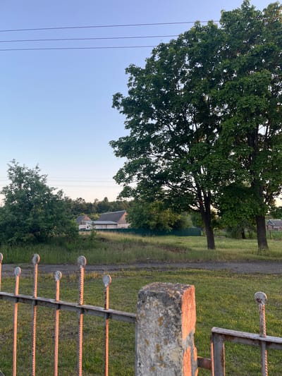 The image depicts a rural landscape in the vicinity of Astromitski Sel'ski Sovet, Belarus, under a clear sky. In the foreground, a weathered, rusty metal fence with concrete posts runs horizontally across the frame, with a portion of it out of focus. Behind the fence, a grassy area transitions into a dirt path. Further back, a cluster of buildings with dark roofs, possibly a rural settlement, are visible amongst trees. The environment is characterized by lush green vegetation, including mature trees with dense foliage. The lighting suggests it is either early morning or late afternoon, with warm light casting a glow on the fence.