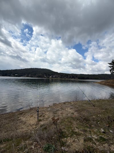 The image depicts a body of water, possibly a lake or reservoir, adjacent to a grassy and wooded shoreline. Several fishing rods are visible, extending into the water. The opposite bank appears forested with some buildings visible along the shoreline. The sky is overcast with patches of blue sky visible through the clouds. The location is likely near Sv. Konstantin, Bulgaria, based on the provided context. No people are visible in the image. The scene captures a moment of fishing activity in a natural setting.