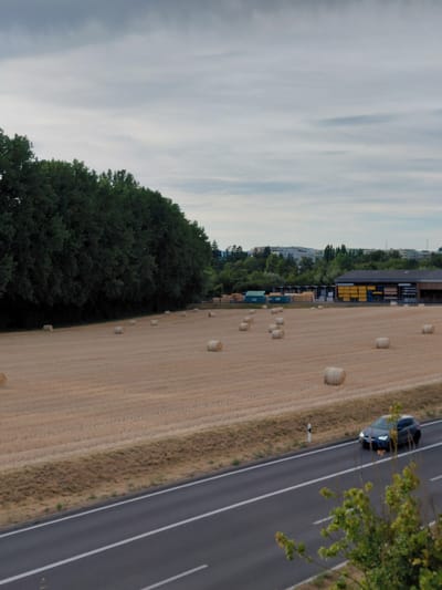 This image depicts a rural landscape near Ecublens, Switzerland, under a cloudy sky. In the foreground, a highway with white lane markings runs from the bottom left to the middle right of the frame. A dark-colored car is driving on the highway. The middle ground features a large field of harvested crops, indicated by numerous round hay bales scattered across it. To the left of the field, a dense line of trees forms a natural border. In the background, industrial buildings and trees are visible, with some structures appearing to be warehouses or storage facilities, possibly part of the industrial zone bordering Ecublens. The overall scene suggests a transition between rural agricultural land and an urban or industrial periphery.