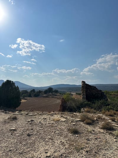 The image depicts a sunlit, rural landscape under a bright blue sky dotted with white clouds. In the foreground, the ground is covered with gravel, stones, and scattered flat slabs, suggesting remnants of a paved surface or foundation. A partially ruined stone structure stands prominently on the right side of the frame, its weathered stones forming a jagged silhouette against the sky. To the left, a large, dark green evergreen tree dominates the mid-ground. Beyond the tree, a brown, plowed field is visible with curved furrows, indicating agricultural activity. The background is characterized by rolling hills and mountains, with vegetation appearing sparse in some areas and more dense in others. The overall scene suggests an arid or semi-arid environment. The location is identified as Alpuente, Spain. No people or animals are visible in the image.