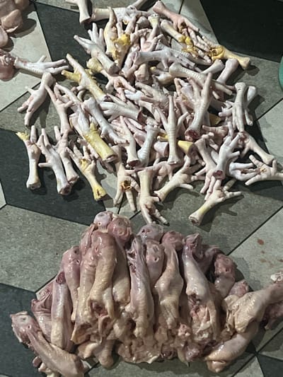 The image depicts two piles of raw chicken feet on a tiled surface, possibly in Paweden, Indonesia. One pile consists of cleaner, predominantly white chicken feet with some yellow coloring. The other pile is of a pinker hue, seemingly less cleaned. The tile floor has a black and gray pattern. There are no people visible. The scene suggests food preparation or sale of chicken feet as an ingredient.