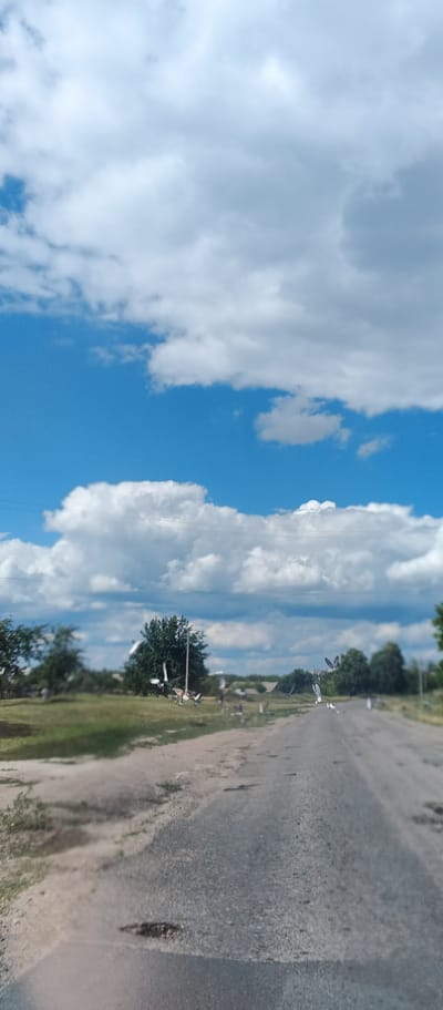 The image depicts a paved road in Kholodnianske, Ukraine, under a bright blue sky with scattered white and gray clouds. The road appears to be in moderate condition with several potholes visible. To the left of the road is a grassy area with scattered trees and some foliage. Several birds, possibly pigeons or doves, are in flight above the grassy area and along the roadside. In the distance, there are some houses and more trees, suggesting a rural or semi-rural setting. The overall impression is a sunny day in a village or countryside area.