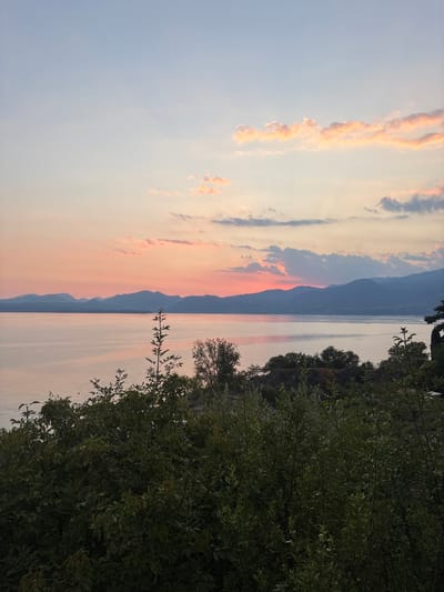 This image depicts a serene sunset scene overlooking Lake Garda from the city of Garda, Italy. The sky is a gradient of soft blues and pinks, with scattered clouds tinged with orange and yellow from the setting sun. In the distance, a range of silhouetted mountains forms the horizon. The lake itself is calm and reflects the colors of the sky. The foreground is dominated by lush green foliage, including trees and bushes, some of which are taller and reach towards the sky. There are no people or discernable man-made structures in the immediate foreground or midground of the image. The overall atmosphere is peaceful and natural.