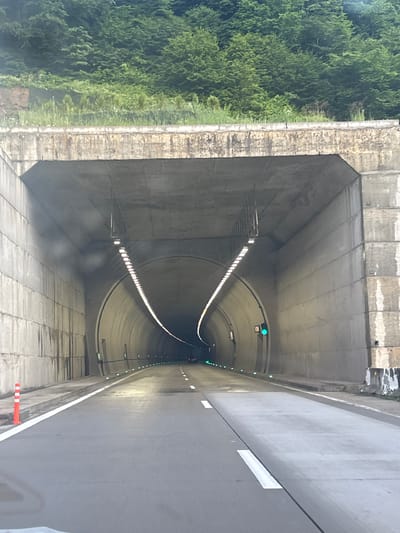 The image shows the entrance to a tunnel on a road in Surami, Georgia. The tunnel is constructed of concrete and is illuminated by rows of lights. The road surface is asphalt, with white lane markings. The surrounding environment is characterized by lush green trees and vegetation on a hillside above the tunnel entrance. An orange and white traffic cone is visible on the left side of the road.