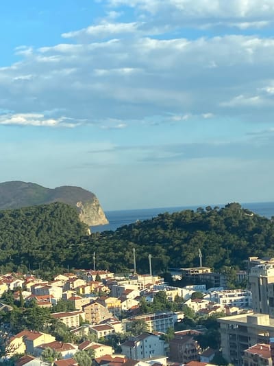 The image shows an aerial view of a coastal town in Montenegro, likely near Nerin. The scene includes a blue sky with scattered clouds, a narrow stretch of ocean, and a rocky hill covered in green vegetation. On the right side of the image, there is a dense cluster of buildings with red-tiled roofs, interspersed with trees. There is a construction site in the town. The image appears to be taken from a high vantage point, possibly from a tall building or a drone.