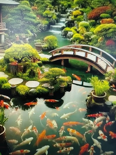 The image depicts a serene Japanese garden with a koi pond. A gracefully arched wooden bridge spans the pond, leading to lush greenery and tiered waterfalls in the background. Various koi fish, in shades of orange, white, and patterned combinations, swim in the clear water. The garden features meticulously sculpted bushes, decorative rocks, and potted plants, creating a tranquil atmosphere. There are no people visible in the image. The scene is a beautiful and well-maintained garden, likely a private or public space designed for relaxation and aesthetic appreciation. The request to include the location in Yashkino, Russia, cannot be fulfilled as there is no information within the image to support this or any other specific geographical location.