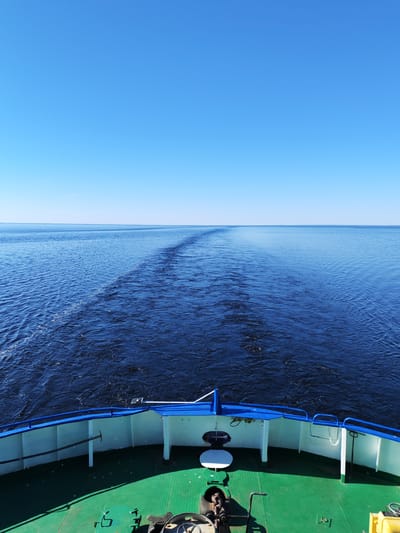 The scene, located in the city of Gorlovo, Russia, depicts a stern view from a moving vessel on a large, open body of water under a clear blue sky. In the foreground, the vessel's green-painted metal deck is visible, featuring white bulwarks topped with a prominent blue railing. Various marine fixtures are present on the deck, including what appears to be a mooring point, circular and rectangular hatches, and a heavy-duty cable or rope secured along the bulwark on the left. Shadows are cast on the deck, indicating bright, direct sunlight.

The middle ground and background are dominated by a vast expanse of deep blue water. A distinct, V-shaped wake trails directly behind the vessel, characterized by agitated, darker water closest to the stern, gradually spreading out and becoming lighter as it extends towards a flat, distant horizon. The water's surface exhibits subtle ripples. The upper portion of the image displays an unbroken, light blue sky, completely devoid of clouds. No individuals or other vessels are visible in the frame.