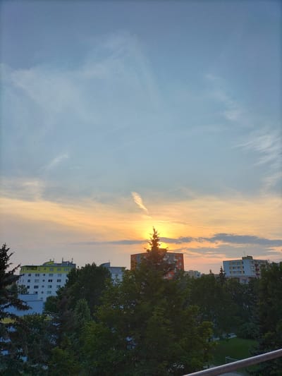 This is a vertical, wide-angle photograph capturing a sunset over an urban residential area in České Budějovice, Czechia. The sky dominates the upper two-thirds of the image, displaying a gradient of soft blues and pale yellows, indicative of either dawn or dusk. Wispy clouds streak across the sky, with a prominent contrail visible near the setting sun. The sun itself is partially obscured by a tall evergreen tree, casting a warm, orange glow across the horizon and illuminating the clouds.

Below the sky, a line of apartment buildings is visible, interspersed with lush green trees. The buildings vary in architectural style and color; one prominent building has a bright yellow band across its upper floors, while another is accented with orange and red. The trees in the foreground are dense and verdant, suggesting a temperate climate and the warmer months of the year. The overall scene evokes a sense of peace and tranquility, typical of a quiet evening in a residential neighborhood. The lighting suggests it is late afternoon or early evening. There is no visible text in the image.