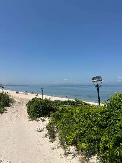 The image depicts a scenic view of a beach on a clear, sunny day. The foreground is dominated by a sandy path leading down to the beach, bordered by lush green vegetation. In the middle ground, the beach is dotted with a few people relaxing and enjoying the sun. Some are seated under umbrellas, while others are strolling along the shore. The calm, blue ocean stretches out to the horizon, where it meets a clear blue sky. Two lampposts are visible along the beach, one in the mid-ground and another in the foreground. The overall atmosphere is one of tranquility and summer leisure. The image is likely captured in the Town of Riverhead, United States of America, given its characteristic coastal landscape.