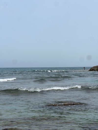 The image shows a view of the Mediterranean Sea from the shore in Neve Yam, Israel.  A single person is visible in the distance, fishing from a rocky outcropping.  The water is choppy with small waves. The sky is clear and blue.  The sea is calm and the weather is clear.  The sun is bright and the light is good.  The photo is taken from a low angle, making the sea appear vast and expansive.  There is a rock formation visible in the foreground.  The scene is peaceful and tranquil.  The water is turquoise and blue, and the sky is a pale blue.