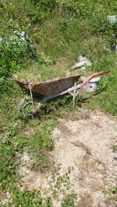 The image shows an old, rusty wheelbarrow filled with grass, situated outdoors in a grassy area with scattered gravel. The wheelbarrow has red handles and a grey frame. To the right of the wheelbarrow, there is a white bucket. The environment appears to be a slightly overgrown yard or construction site. The scene is set in Bilka, Bulgaria. There are no people visible in the image.