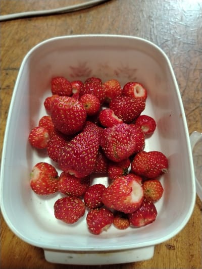 A white, rectangular plastic container is filled with a pile of fresh, ripe strawberries. The strawberries are a vibrant red color with small yellow seeds dotting their surfaces. Some of the strawberries are whole, while others are halved, revealing their white interiors. The container is placed on a wooden surface, which appears to be a table. The background is slightly blurred, but it shows a hint of a white cable running horizontally. The scene is lit, likely by overhead lighting, and the overall impression is one of freshness and abundance. There are no people or animals present in the image, and no specific location in Жернов ауылдық округі, Kazakhstan can be identified from the visual information provided.