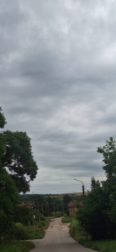 The image depicts a cloudy, overcast sky above a rural landscape. A paved road, showing signs of wear and tear, winds through a village setting. On either side of the road are lush green trees and vegetation. Several utility poles with electrical wires are visible along the road. In the background, rolling hills are dotted with more trees and some buildings, suggesting a village or small town. One building with a red-tiled roof and a small tower-like structure is particularly noticeable on the right side of the road. The overall impression is of a quiet, somewhat rustic, and possibly undeveloped area within Ovcha Mogila, Bulgaria.