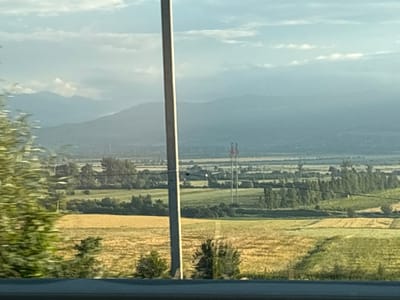 The image depicts a landscape view with agricultural fields under a hazy sky with distant mountains. A vertical pole, likely part of a power line, bisects the foreground. The fields show variations in color, suggesting different crops or stages of growth, with some appearing golden-yellow and others green. Trees are scattered throughout the landscape and form lines along the fields. In the background, a tall tower with red and white markings is visible, along with a distant mountain range. The overall impression is one of a rural or semi-rural setting, potentially captured from a moving vehicle due to the slight blur in the foliage on the left. The location is identified as Akhalsheni, Georgia.