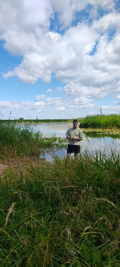 A man is standing in shallow water on the edge of a lake or river. He is wearing a light-colored t-shirt and dark shorts. The water is surrounded by tall green reeds and grass. In the background, there is a wide expanse of water with more reeds and vegetation along the far bank. The sky is blue with scattered white clouds. The scene appears to be a natural landscape, possibly in the city of Malaya Listovka, Russia, given the context.