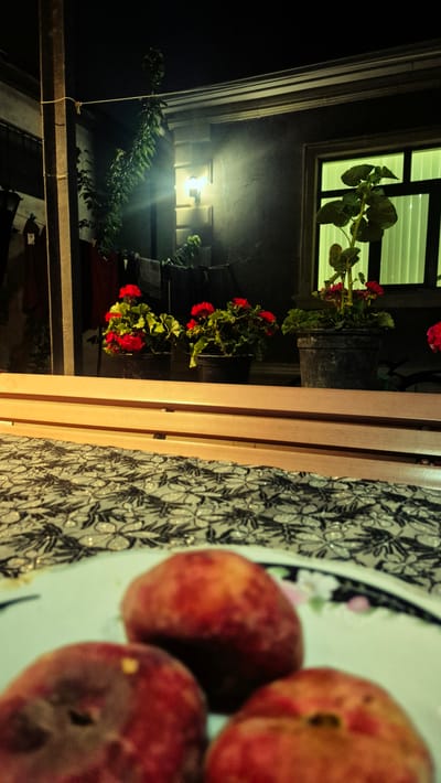 The image depicts a still life arrangement outdoors at night. The foreground is dominated by a plate of ripe peaches, their red and orange hues vibrant against the dimly lit background. The plate itself has a patterned rim with floral designs. To the left of the plate, a textured fabric with a black and white floral pattern is visible.
The background shows a wall with a window illuminated by a soft, greenish light, suggesting it's either from inside or a colored exterior light. Below the window, a light fixture casts a warm glow, illuminating a section of the wall and some surrounding greenery. Hanging plants with red flowers and lush green leaves are positioned on shelves or ledges, adding a touch of color and life to the scene. A wooden structure, possibly a fence or bench, runs vertically through the middle of the frame, separating the plate of fruit from the background elements. The overall mood is tranquil and slightly mysterious, enhanced by the nighttime setting and the play of light and shadow. No people are visible, and there is no discernible text in the image. The location context is Sumqayit, Azerbaijan.
