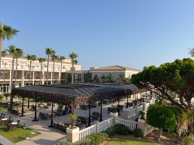 The image shows an outdoor seating area at a hotel in La Barrosa, Spain, under a clear blue sky. A large, covered pergola with dark roofing and decorative foliage runs across the middle ground. Beneath the pergola, several seating arrangements of dark-colored chairs and sofas are visible, accompanied by small tables. The area is paved with light-colored tiles. To the left of the pergola, a grassy area features round tables with chairs. In the background, a multi-story hotel building with a beige facade and balconies stretches across the scene, framed by rows of tall palm trees. To the right, a large evergreen tree with dark green foliage dominates the foreground, partially obscuring a white balustrade and a neatly trimmed spherical bush. The lighting suggests it is daytime, with shadows cast by the structures and trees. There are no people visible in the image.