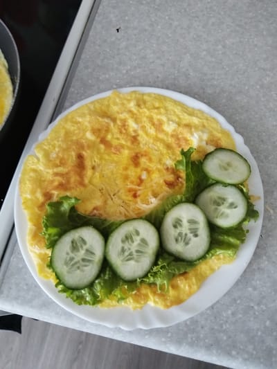 A white plate containing an omelet, lettuce, and sliced cucumbers sits on a speckled gray countertop. The omelet is golden yellow with some browned edges and appears to be folded. A small pile of shredded cheese is visible beneath the omelet. A few leaves of green lettuce are placed on top of the omelet, and four round slices of cucumber are arranged on the lettuce. One cucumber slice is slightly elevated on top of the others. In the background, a black pan with a partially visible omelet is to the left, and a white stovetop edge is visible. A small dark object, possibly a fly, is in the upper right corner of the image. The scene is likely indoors, possibly in a kitchen, in Andzhero-Sudzhensk, Russia.