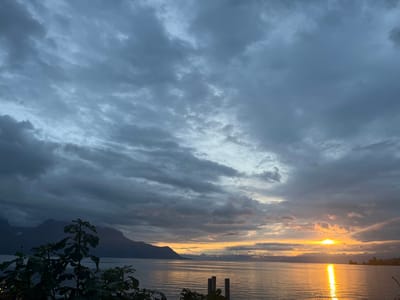 This image captures a panoramic view of Lake Geneva at sunset, observed from the city of Montreux, Switzerland. The sky is heavily overcast with dense, dark grey stratocumulus clouds, but a prominent break in the cloud cover on the right horizon reveals the setting sun.
The sun, an intense orange-yellow orb, is positioned low on the right side of the frame, casting a brilliant, vertical golden reflection across the surface of the lake, extending from the horizon towards the lower right foreground. The water's surface otherwise appears calm with subtle ripples. Across the lake, on the left side, the dark blue-grey silhouettes of the pre-Alps or Alps are visible, extending into the mid-ground under the overcast sky.
In the immediate foreground, on the lower left, dark green foliage from a broadleaf plant partially obstructs the view. On the lower right, two dark, vertical wooden posts, likely part of a small dock or mooring structure, protrude from the water. No individuals, specific actions, or interactions are depicted in the scene.