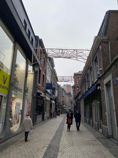 This image captures a pedestrian street in Liège, Belgium, on an overcast day. The street is lined with multi-story buildings, featuring brick facades and shopfronts on the ground level. The pavement is made of light and dark cobblestones, creating a textured path.
Four individuals are visible on the street. Towards the far end, two people walk: one in a dark blue jacket and dark pants, and another, slightly ahead, wearing a dark jacket, red scarf, and dark pants. Closer to the foreground on the left, a person in a light-colored (beige/cream) coat and dark pants stands near a large shop window. Another person's face is partially reflected in this same shop window.
Decorative metallic archways, possibly for festive lighting, span across the street at intervals, creating a sense of depth and ornamentation. Shop windows display various products and signs.
The weather appears to be cool and overcast, with a uniformly grey sky. The lighting suggests it is daytime, but not sunny.
Visible text includes "PHARMACIE" prominently displayed on the large shop window on the left. Below it, a yellow sign with a white 'V' logo reads "pharma". Other words like "ESPACE", "BEAUTE", "NATURELLE", and "CAUDALIE" are also visible on or reflected in the window. A street sign is partially visible between buildings further down the street but is unreadable.