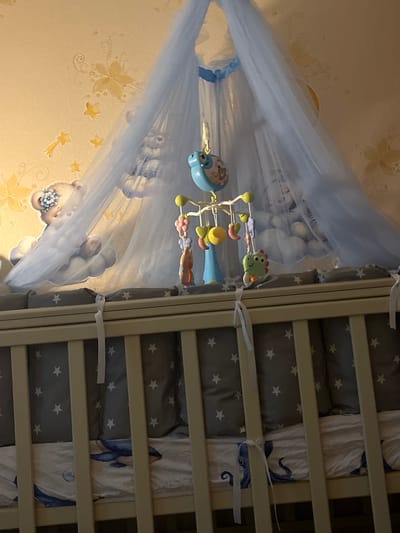 The image shows a baby's crib with a mobile hanging above it. The crib has light-colored wooden bars and is lined with gray bumpers decorated with white stars. The bedding inside the crib features a pattern of blue whales. Above the crib, a light blue canopy is draped, creating a soft enclosure. The mobile hanging from the canopy consists of several colorful toys, including a green dinosaur, a yellow moon, and other small figures. The wall behind the crib is decorated with a yellow wallpaper featuring a pattern of flowers and clouds, with images of teddy bears. The scene appears to be an indoor setting, likely a nursery. The location is identified as the city of Pikalyovo, Russia.