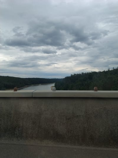 The image captures a scene from Podolí I, Czechia, likely taken from an elevated vantage point, perhaps a bridge or balcony. The viewpoint is looking outwards towards a landscape dominated by a dense, dark green forest that lines the edge of a calm body of water, likely a river or a lake. The sky above is filled with a dramatic display of clouds, ranging from dark, heavy storm clouds to lighter, brighter patches that suggest intermittent sunlight. The weather appears overcast and potentially on the verge of rain.

In the foreground, a white railing or structure runs horizontally across the frame, with a coarse, textured concrete surface visible to its right. Two small, cylindrical objects, possibly light fixtures or decorative elements, are attached to the white railing. One is a lighter, tan color, and the other is darker, almost brown. The overall lighting suggests it is either early morning or late afternoon, with the subdued light creating a somewhat somber atmosphere.

The water stretches into the distance, reflecting the moody sky and the dark treeline. The forest appears to be coniferous, with tall, slender trees packed closely together. The scene evokes a sense of natural beauty, but also a feeling of isolation or stillness, perhaps enhanced by the overcast weather and the absence of any visible human activity. There is no visible text in the image.