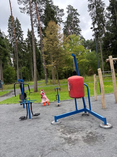 The image shows an outdoor exercise area with various fitness equipment in a park-like setting. A young child wearing a red and white checkered shirt, a patterned dress, and orange boots is walking away from the camera towards the left side of the frame. The child is near a blue exercise machine. In the foreground, a large red punching bag is suspended from a blue metal frame. Other exercise equipment, including wooden posts with bars, are visible in the background. The ground is covered with dark gravel. Tall trees surround the area, suggesting a natural, possibly wooded environment. The sky is overcast and grey. The scene appears to be located in Pavlovskaya Sloboda, Russia, though no specific landmarks or signs confirm this definitively.