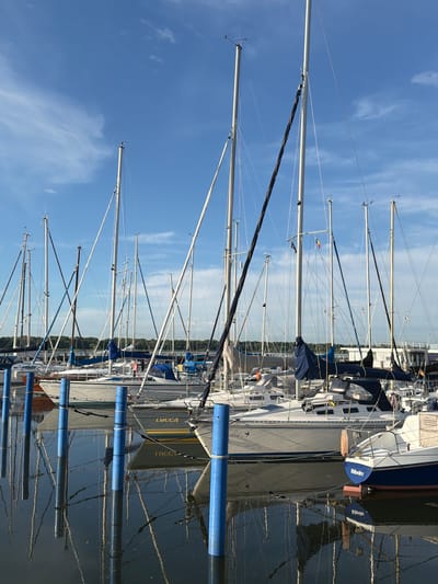 This is a landscape-oriented photograph of several sailboats docked in a marina. The image is vertically oriented. The sky is clear and blue with wispy white clouds. The boats are lined up side-by-side, with their masts extending upwards, creating a pattern of vertical lines against the sky. The water is calm and reflects the masts and rigging of the boats.
One of the sailboats has the name "LUCCA" written on its hull in yellow lettering. Another boat has the name "Ribnitz" on a blue sign hanging from its stern. The overall scene suggests a sunny day, possibly in the late morning or early afternoon, given the bright lighting. The location is likely Ribnitz-Damgarten, Germany, as indicated by the text on one of the boats. There are no people visible in the image, but the presence of docked sailboats suggests a recreational boating area. The image captures a peaceful and serene atmosphere of a marina on a clear day.